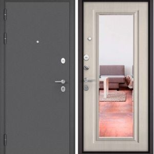 Дверь мет Бульдорс «Зеркало» MASS90 Букле-графит/Дуб белый матовый Л/2050*860